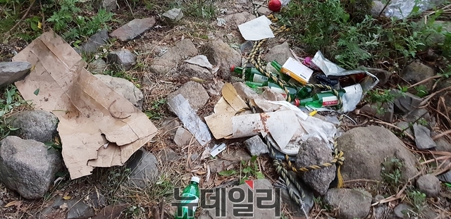 ▲ 휴가철을 맞아 계곡을 찾은 피서객들이 남기고 간 쓰레기들이 곳곳에 버려져 있다.ⓒ뉴데일리