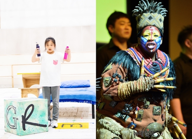 ▲ 배우 황예영이 뮤지컬 '마틸다' 쇼앤텔에서 하이라이트 장면을 시연하고 있다(왼쪽). /주술사 '라피키' 역의 느세파 핏젱이 뮤지컬 '라이온 킹' 프레스 컨퍼런스에서 '서클 오브 라이프'를 열창하고 있다.ⓒ신시컴퍼니·뉴데일리 공준표 기자.