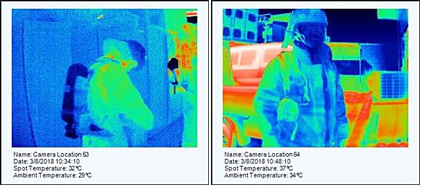 ▲ 열화상카메라로 촬영한 방화복 착용시 온도 32℃, 15분 경과 후 37℃ 기록(3일 오전 10시 30분부터 11시 측정, 측정시 기상상황 : 34.5℃, 풍속 남서풍 1m/s, 습도 45%).ⓒ대구시