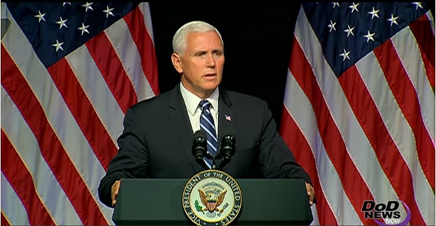 ▲ 펜타곤에서 우주군 창설 계획을 발표하고 있는 펜스 美 부통령ⓒ美 국방부 영상 캡처 사진