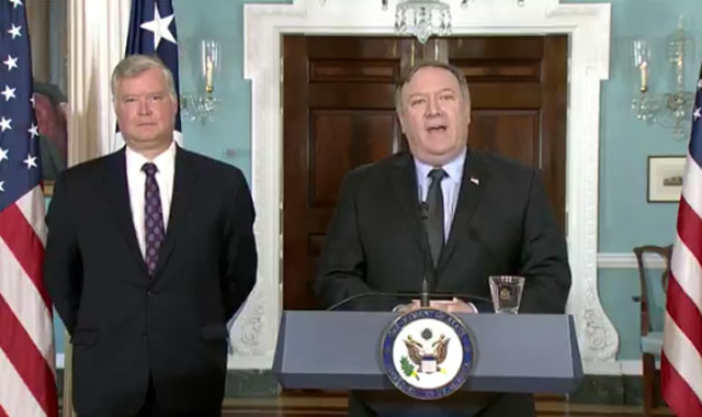 ▲ 스티브 비건 美대북정책 특별대표와 마이크 폼페오 美국무장관. ⓒ美국무부 공식트위터 공개영상 캡쳐.