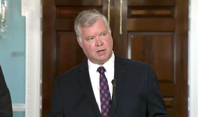 ▲ 기자회견에서 마이크 폼페오 美국무장관의 소개를 받은 뒤 연설하는 스티븐 비건 美대북정책특별대표. ⓒ美국무부 트위터 공식계정 캡쳐.