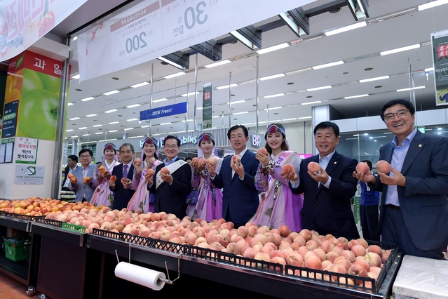 ▲ 축제기간 동안 영천의 대표과일인 포도, 복숭아, 자두와 와인, 양잠제품, 산삼배양근, 한방비누 등 다양한 제품을 정상가의 20%로 할인행사를 실시했다.ⓒ영천시