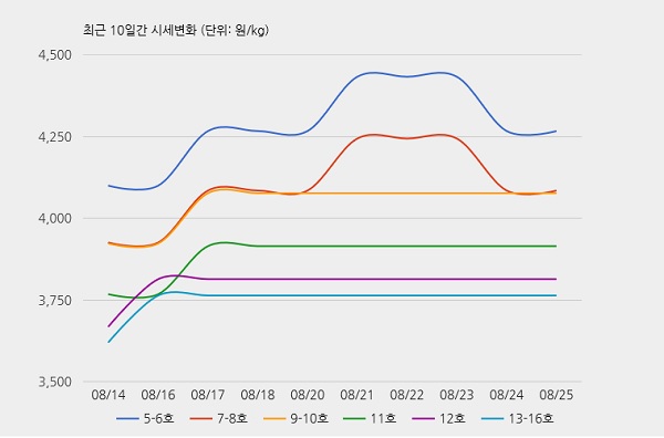 ▲ 최근 10일간 닭고기 호수 별 시세 변화 ⓒ한국육계협회