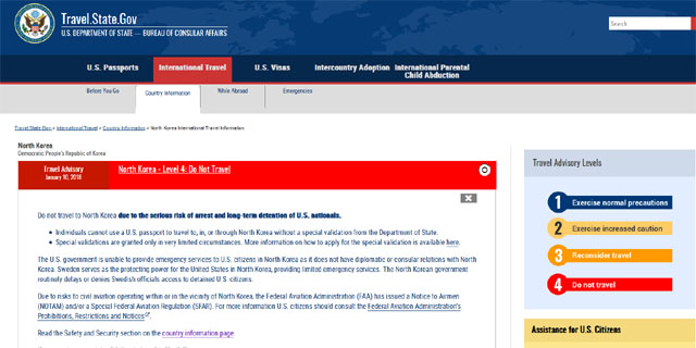 ▲ 美국무부가 지난 30일(현지시간) 홈페이지에 게재한 북한여행금지 경고문. ⓒ美국무부 여행 홈페이지 캡쳐.