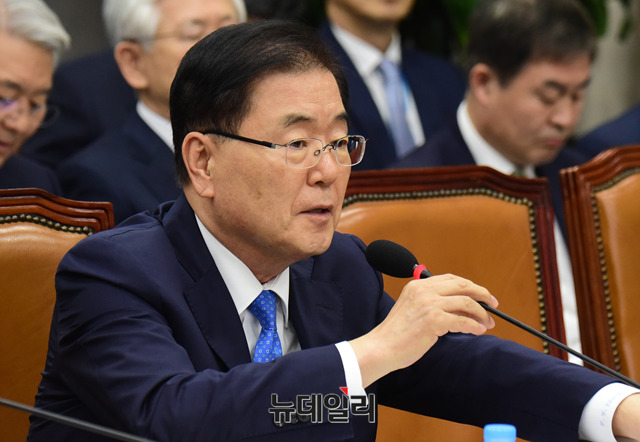 ▲ 정의용 청와대 국가안보실장이 28일 오후 국회 운영위원회 전체회의에 출석해 의원들의 질문에 답하고 있다. ⓒ뉴데일리 이종현 기자