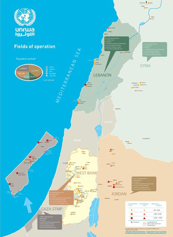 ▲ UNRWA의 활동지역 지도. UNRWA는 팔레스타인 난민 수가 500만 명이 넘는다고 주장한다. ⓒUNRWA 공개지도.