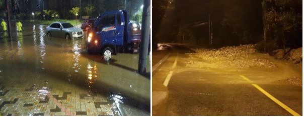 ▲ 3~4일 폭우로 세종시 도램마을 18·19단지 도로가 침수(좌)되고 장군면 금암리 250번지에 토사가 유출되는 등 큰 피해를 입었다.ⓒ세종시