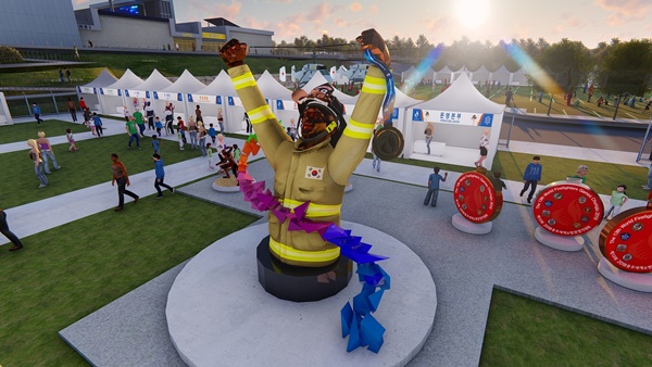 2018 충주세계소방관경기대회 주경기장 인근에 설치된 대회 상징 조형물.ⓒ충북도