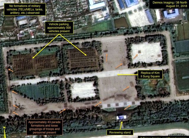 9월 9일 열병식 연습 중인 북한군 병력과 시민들. 46개 집단이 열병식 대오를 연습하고 있다. ⓒ美38노스 관련보고서 화면캡쳐.