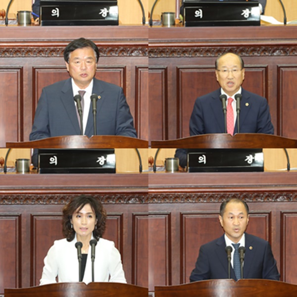 ▲ 박병진(한국당·영동1)·박우양(한국당·영동2)·하유정(민주당·보은군)·오영탁(한국당·단양)의원(윗줄 왼쪽부터 시계방향).ⓒ충북도의회