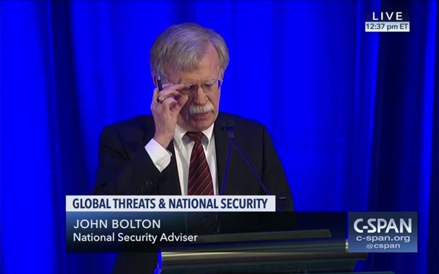 ▲ 지난 10일 美워싱턴 D.C. 메이플라워 호텔에서 열린 연방주의자 소사이어티 토론회에서 연설하는 존 볼턴 美백악관 NSC 보좌관. ⓒ美공영 C-SPAN 중계영상 캡쳐.