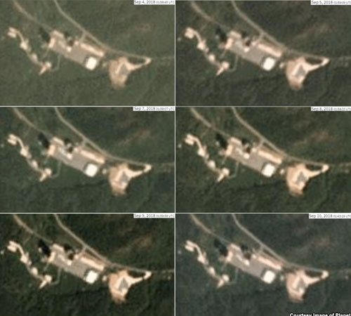 ▲ 서해 동창리 미사일 시험장의 최근 일자별 위성사진. 8월 하순부터는 해체작업이 진행되지 않고 있다. ⓒVOA 관련보도 화면캡쳐-美플래닛 랩스.