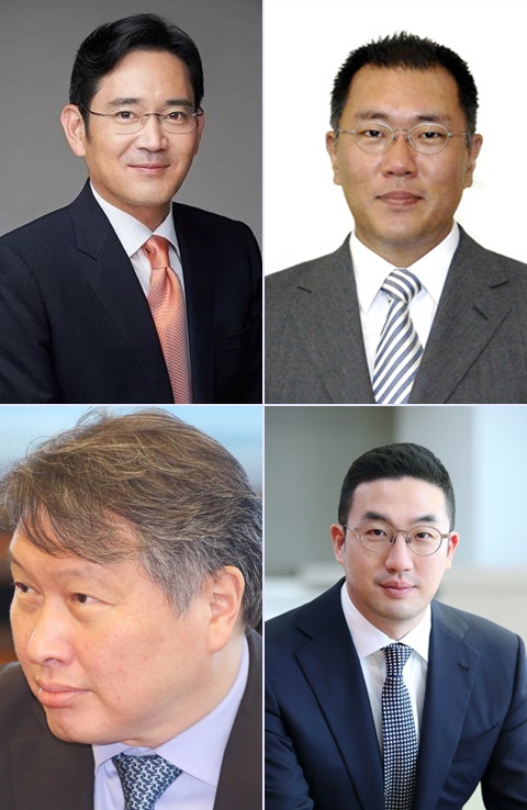 ▲ 왼쪽 상단에서 시계방향으로 이재용 삼성전자 부회장, 정의선 현대차 부회장, 구광고 LG 회장, 최태원 SK 회장.ⓒ뉴데일리