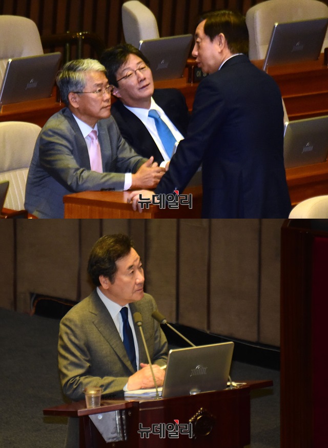 ▲ (위) 김성태 자유한국당 원내대표가 13일 오전 국회에서 열린 본회의에서 김동철, 유승민 바른미래당 전 대표와 이야기를 나누는 모습. (아래) 이낙연 국무총리가 13일 국회 대정부질문에 참석해 의원들 질의에 답하는 모습. ⓒ이종현 기자