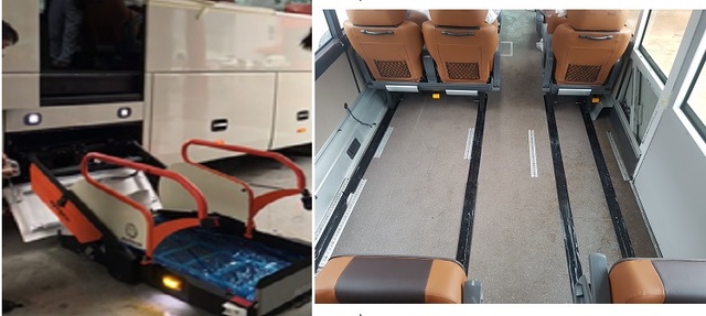 ▲ 휠체어 승강장치(왼쪽)와 버스 내부 슬라이딩 좌석.ⓒ교통안전공단