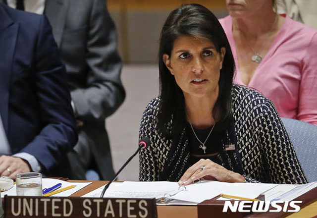 ▲ 니키 헤일리 유엔 주재 美대사. ⓒ뉴시스 AP. 무단전재 및 재배포 금지.