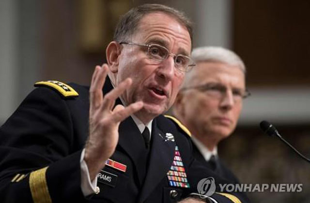 ▲ 지난 25일(현지시간) 美상원 인사청문회에 나온 로버트 에이브람스 美육군대장. 주한미군 사령관 지명자다. ⓒ연합뉴스-AFP. 무단전재 및 재배포 금지.