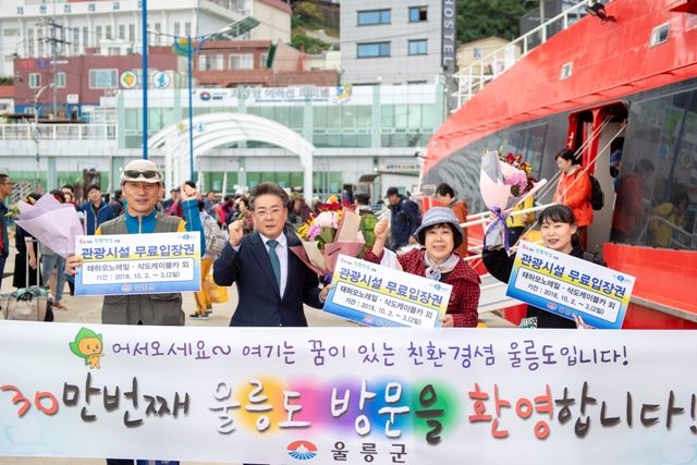 ▲ 김병수 울릉군수가 2일 행운의 30만명째 관광객 가족과 기념촬영을 하고 있다.ⓒ울릉군