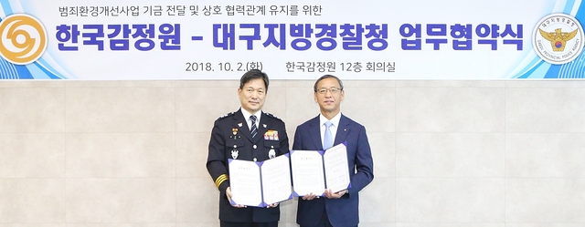 ▲ 한국감정원 김학규 원장(오른쪽)이 대구지방경찰청 이준섭 청장(왼쪽)에 범죄환경개선사업을 위한 업무협약서를 교환하고 있다.ⓒ한국감정원