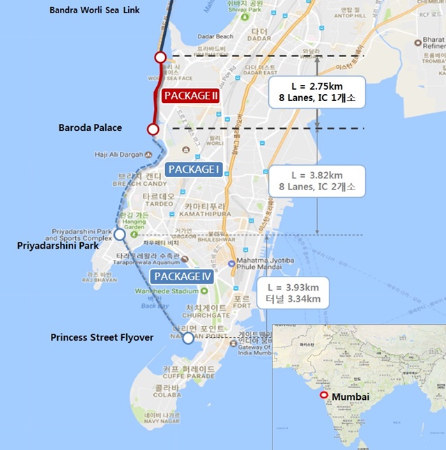 ▲ 인도 뭄바이 남부 해안도로 2공구 건설공사 위치도. ⓒHDC현대산업개발