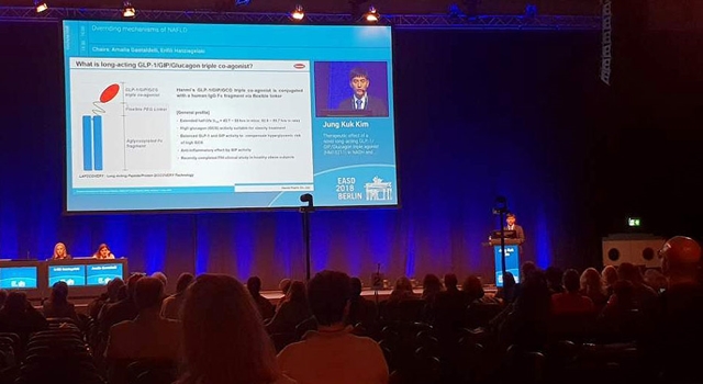 ▲ 한미약품은 지난 3일(현지시간) 독일 베를린에서 열린 제54회 EASD에서 랩스커버리 기반 신약 후보물질에 대한 연구결과를 발표했다. ⓒ한미약품