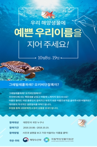 ▲ 해양생물 한글 명칭 선호도 조사가 19일까지 진행 중이다.ⓒ해양수산부