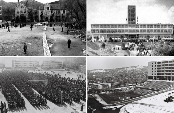 ▲ 중앙대 100주년 기념사업단이 공개한 과거 학내 영신관, 중앙도서관, 운동장, 파이퍼홀 모습.
