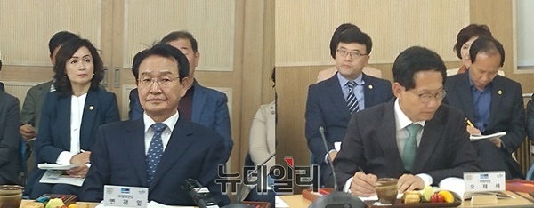 ▲ 지난 8일 열린 더불어민주당과 충북도와의 예산정책간담회에 참석한 변재일 민주당 충북도당 위원장(청주 청원)과 오제세 의원(청주 서원)이 이해찬 민주당 대표(세종시)의 발언을 경청하고 있다.ⓒ박근주 기자