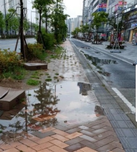▲ 세종시 보람동 일대의 인도에 수평이 안맞은 요철 부분에 물이 흥건히 고여 있다.ⓒ독자제공
