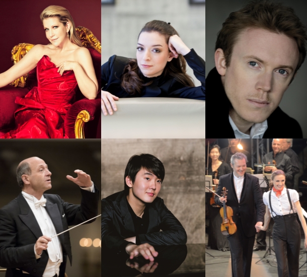 ▲ 위 왼쪽부터 시계방향으로 조이스 디 도나토, 율리아나 아브제예바, 다니엘 하딩, 바담 레핀과 스베틀라나 자하로바, 조성진, 이반 피셔.ⓒ롯데콘서트홀