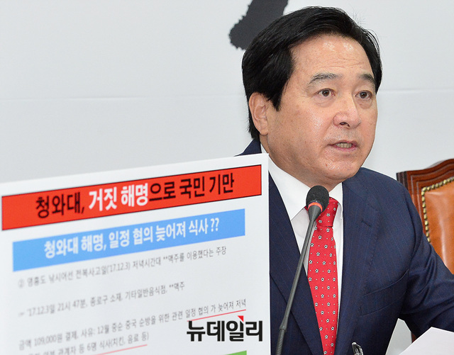 ▲ 심재철 자유한국당 의원이 15일 국회에서 열린 비상대책위원회의에 참석해 '청와대의 업무추진비 부정사용' 관련 보드판을 들고 발언하는 모습. ⓒ공준표 기자