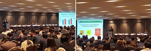▲ 지난 13일 대한심장학회 추계학술대회 산학세션에서 진행된 아모잘탄 패밀리 심포지엄에서 최웅길 교수(좌)와 최성훈 교수(우)가 발표하고 있다. ⓒ한미약품