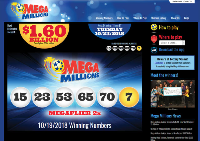 ▲ 16억 달러의 당첨금이 걸린 美로또 '메가 밀리언'. ⓒ美메가 밀리언 홈페이지.