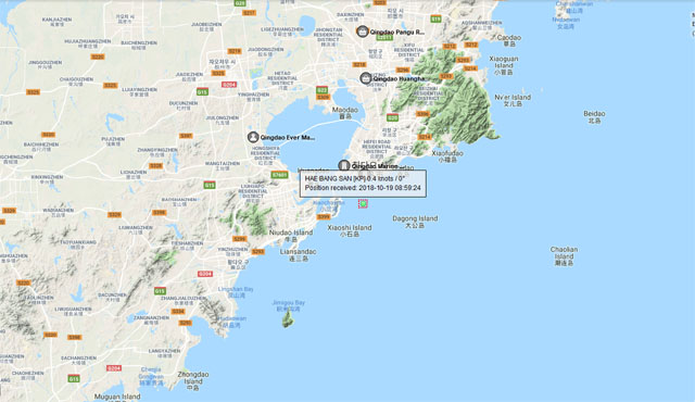 ▲ 자동식별장치를 통해 선박의 현재 위치를 알려주는 마린트래픽에서 찾은 북한 화물선 '해방산' 호의 현 위치. ⓒ마린트래픽 화면캡쳐.