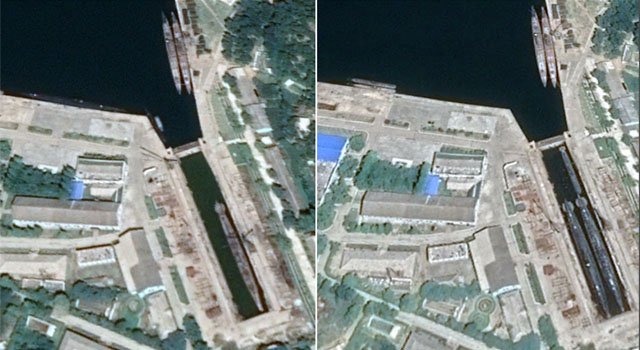 ▲ 왼쪽은 美디지털 글로브가 지난 7월 25일 촬영한 사진, 오른쪽은 프랑스 CNES와 에어버스가 8월 27일 촬영한 사진이다. ⓒVOA-구글 어스
