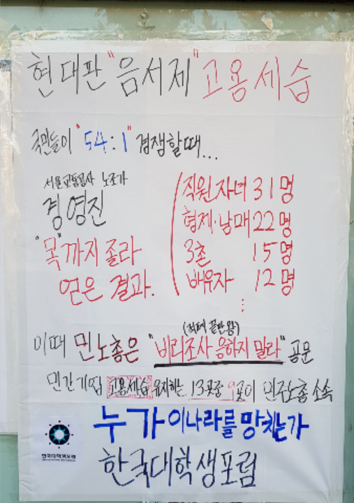 ▲ 서울 시내 고려대, 경희대, 연세대, 한국외대, 홍익대 등에 붙은 '서울교통공사 채용비리 의혹' 규탄 성명 및 대자보 일부 내용.ⓒ한대포 제공