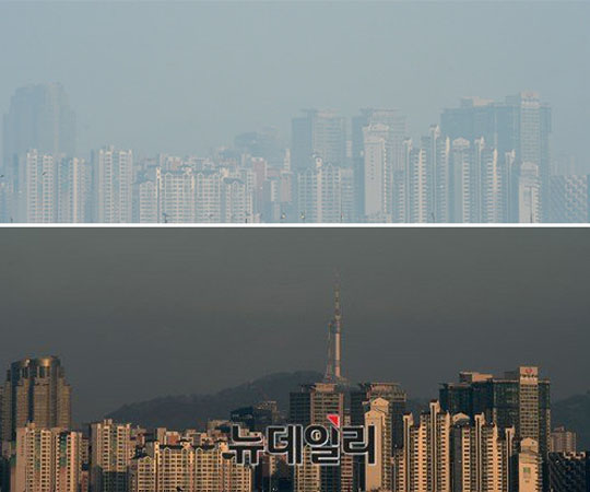 ▲ 중국발 스모그가 있을 때와 없을 때 남산 일대를 바라본 모습. ⓒ뉴데일리 DB.