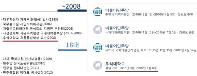 ▲ 홍영표 원내대표 경력사항(왼쪽)과 허영 민주당 강원도당위원장 경력 사항(오른쪽). ⓒ홍영표 블로그 및 허영 페이스북 캡쳐