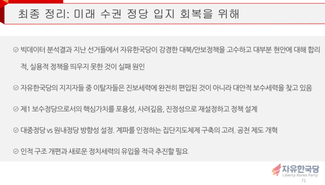 ▲ 자유한국당이 30일 공개한 용역 보고서 내용. 서울대학교 정치연구소의 '보수정당 재건 용역보고서' 내용. ⓒ자유한국당 제공