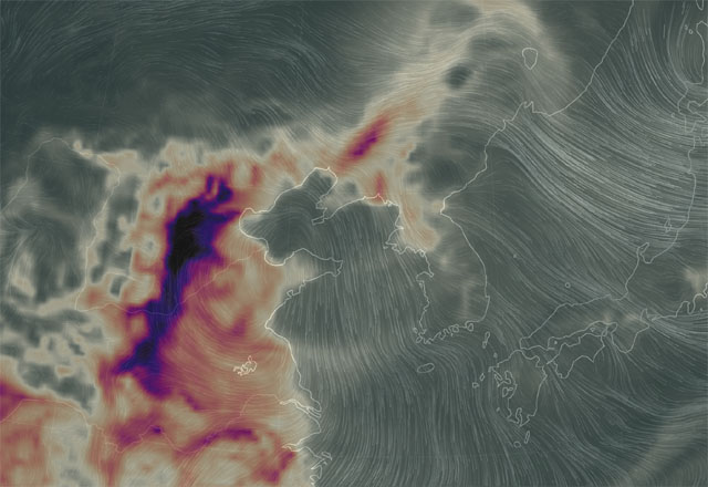 ▲ 31일 현재 중국 동북 지역과 한반도 일대의 일산화 탄소 농도 및 바람 방향. ⓒ눌스쿨 어스넷 화면캡쳐.