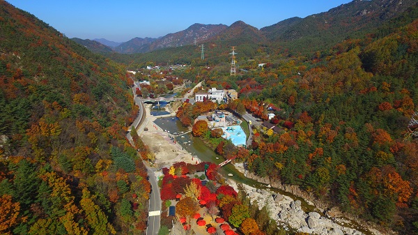 ▲ 만추의 계절 11월, 울긋불긋 화려한 단풍옷으로 갈아입은 충북 옥천 장령산자연휴양림 전경.ⓒ옥천군