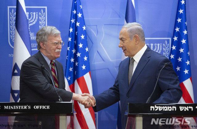 ▲ 존 볼턴 美국가안보보좌관과 벤냐민 네타냐후 이스라엘 총리. ⓒ뉴시스. 무단전재 및 재배포 금지.