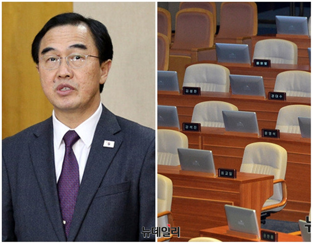 ▲ 조명균 통일부 장관과 자리가 빈 본회의장. ⓒ뉴데일리 DB