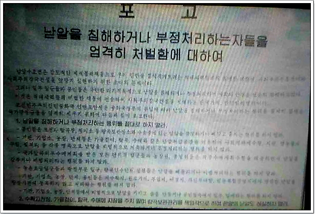 ▲ '낟알을 침해하거나 부정 처리하는 자들에 대해 엄격히 처벌한다'는 내용의 인민보안성 포고문 ⓒ 자유북한방송