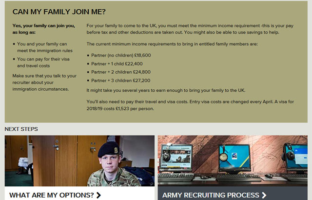영국군 모병 사이트 문구. 첫 시작부터 부양가족에 따른 거액의 지원금 소개가 나온다. ⓒ영국군 모병 사이트 캡쳐.