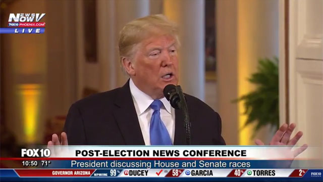 ▲ 중간선거가 끝난 뒤 백악관에서 기자회견을 하는 도널드 트럼프 美대통령. ⓒ美폭스뉴스 채널10 피닉스 유튜브 생중계 캡쳐.