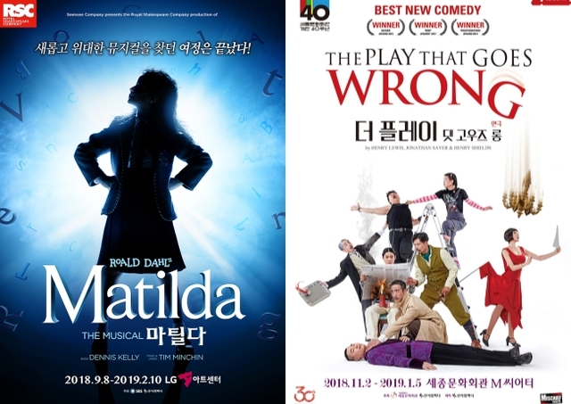 ▲ 뮤지컬 '마틸다'(왼쪽)와 연극 '더 플레이 댓 고우즈 롱' 포스터.ⓒ신시컴퍼니