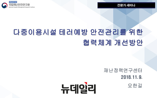 ▲ 다중이용 시설 중심 테러 예방활동을 위한 행전안전부의 기능 및 역활 정립 방안 발표자료 표지 ⓒ국립재난안전연구원