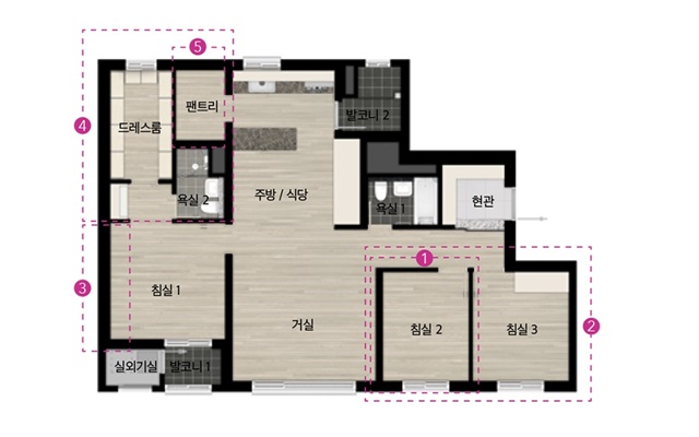 ▲ '힐스테이트 펜타힐즈' 전용 84㎡. 가변형 벽체가 제공되고, 드레스룸을 알파룸으로 변형할 수 있다. ⓒ현대건설